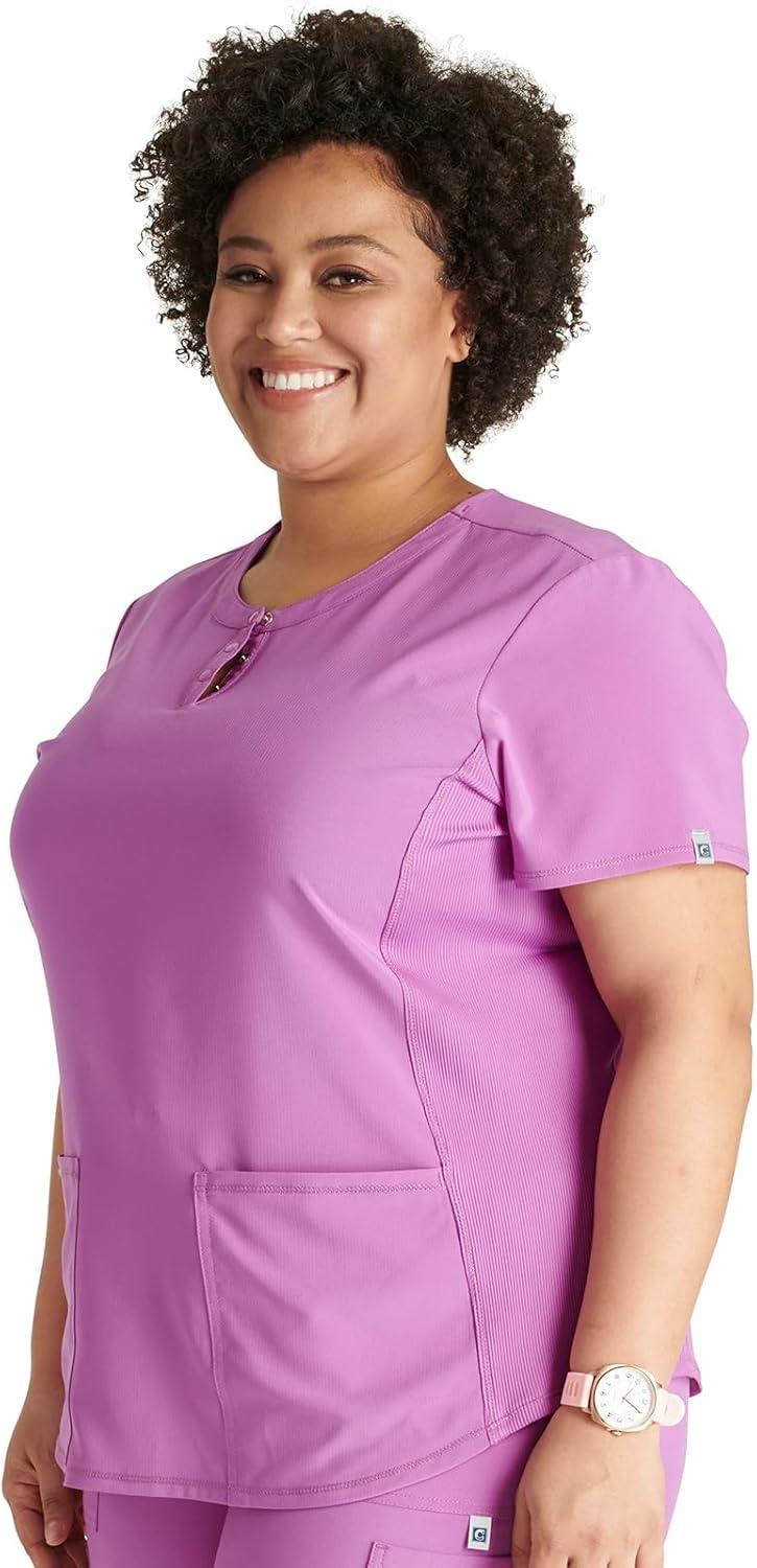imageCherokee Womens Scrub Top Snap Front Henley with 2 Pockets and Center Back Length of 26 CK749AVibran Violet
