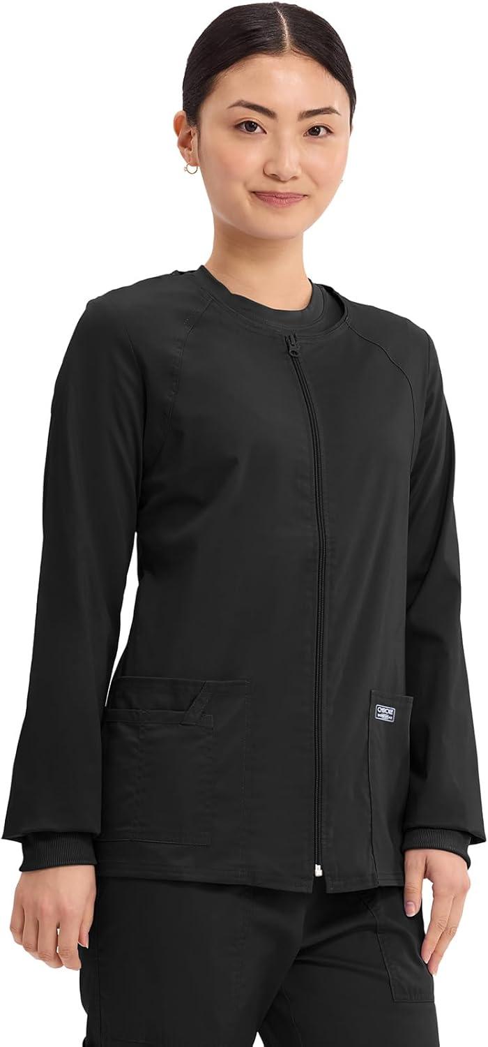 imageCherokee Zip Front Scrub Jackets for Women 3 Pockets 2Way Stretch Soft BreathableBrushed Twill 4315Black