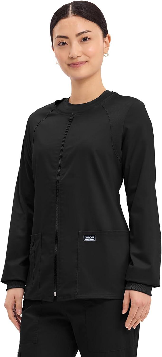 imageCherokee Zip Front Scrub Jackets for Women 3 Pockets 2Way Stretch Soft BreathableBrushed Twill 4315Black