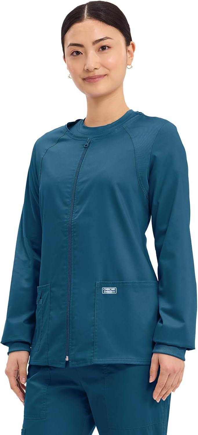 imageCherokee Zip Front Scrub Jackets for Women 3 Pockets 2Way Stretch Soft BreathableBrushed Twill 4315Caribbean Blue