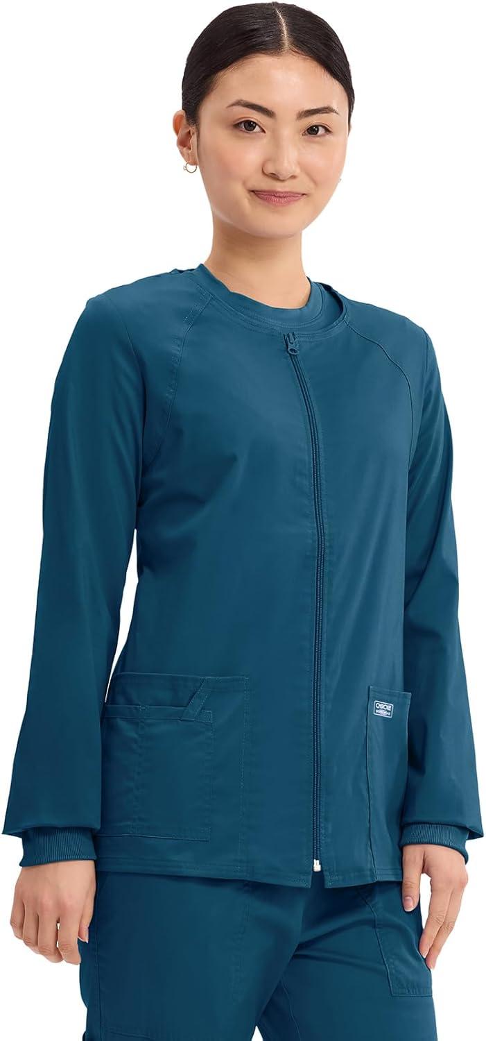 imageCherokee Zip Front Scrub Jackets for Women 3 Pockets 2Way Stretch Soft BreathableBrushed Twill 4315Caribbean Blue