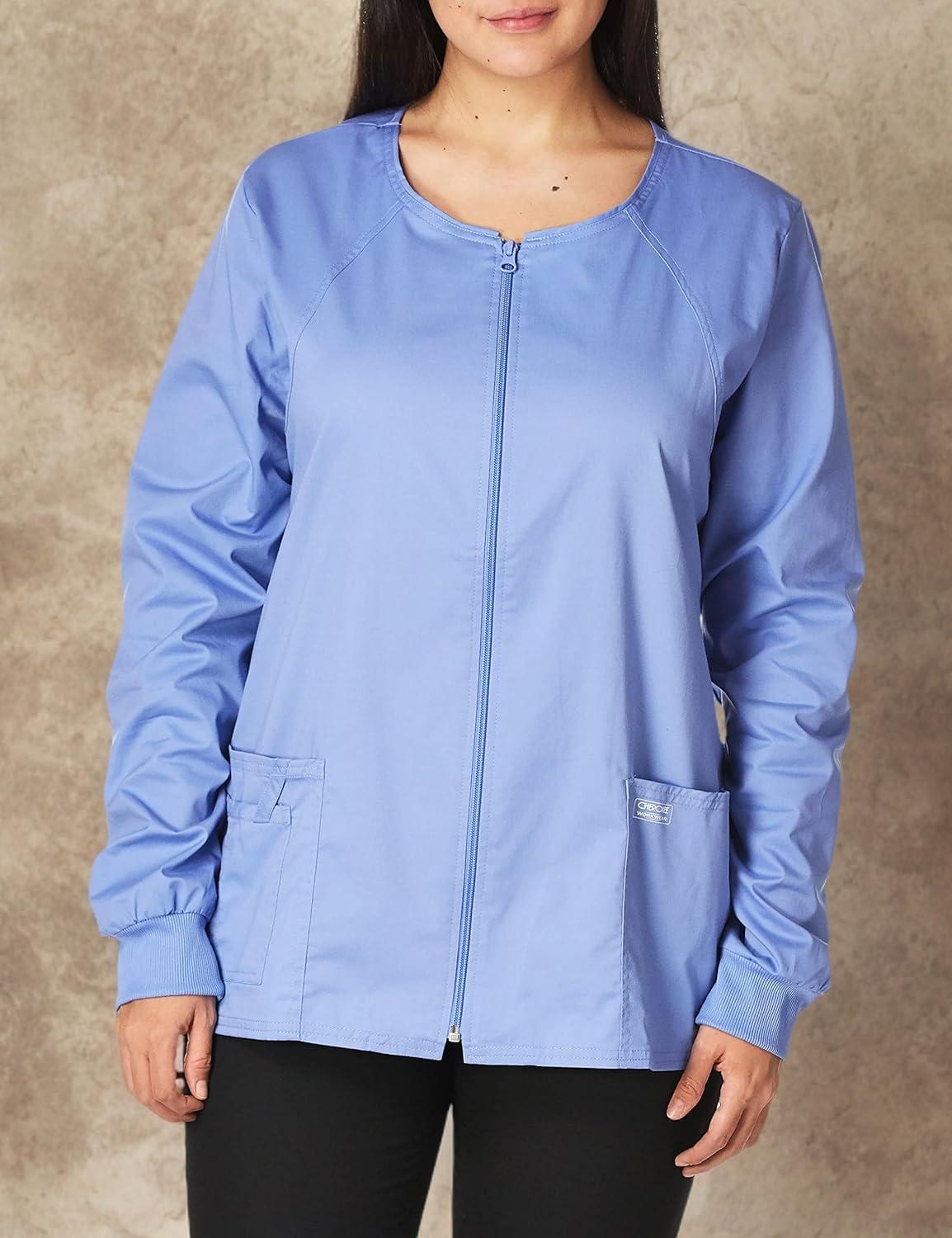 imageCherokee Zip Front Scrub Jackets for Women 3 Pockets 2Way Stretch Soft BreathableBrushed Twill 4315Ciel