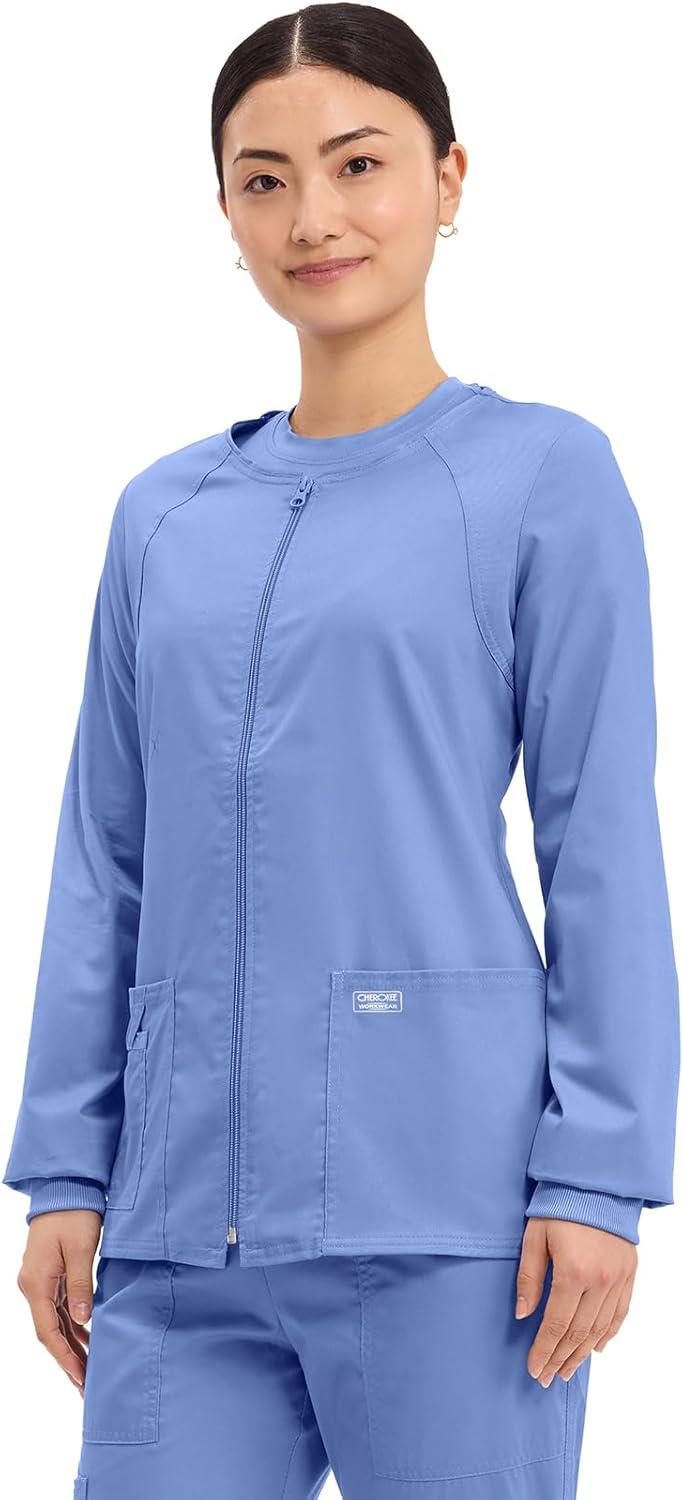 imageCherokee Zip Front Scrub Jackets for Women 3 Pockets 2Way Stretch Soft BreathableBrushed Twill 4315Ciel
