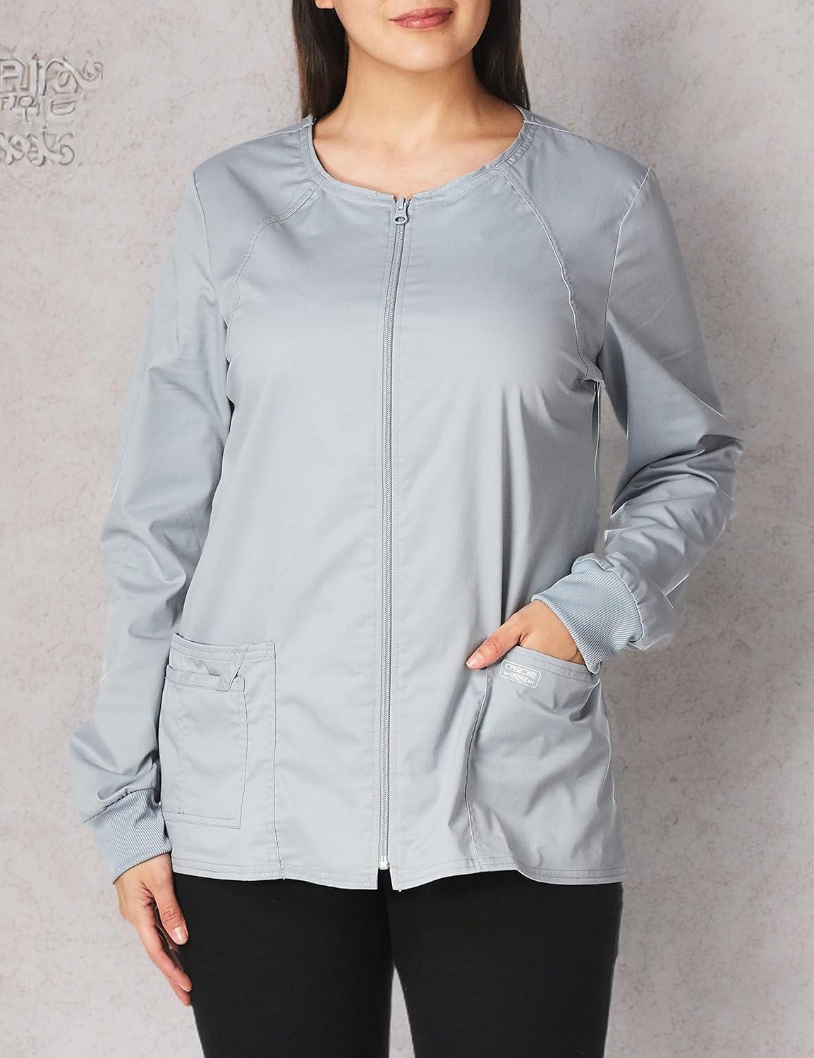 imageCherokee Zip Front Scrub Jackets for Women 3 Pockets 2Way Stretch Soft BreathableBrushed Twill 4315Grey