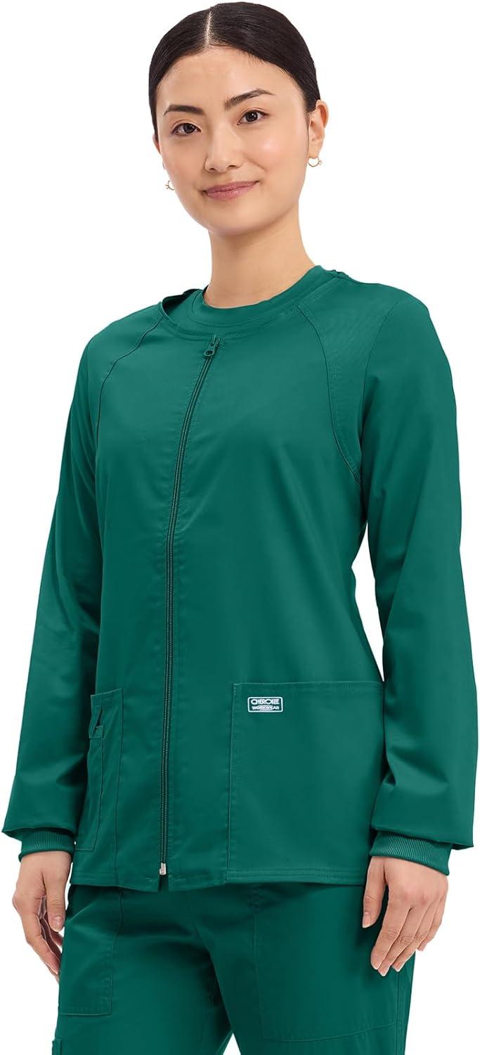 imageCherokee Zip Front Scrub Jackets for Women 3 Pockets 2Way Stretch Soft BreathableBrushed Twill 4315Hunter