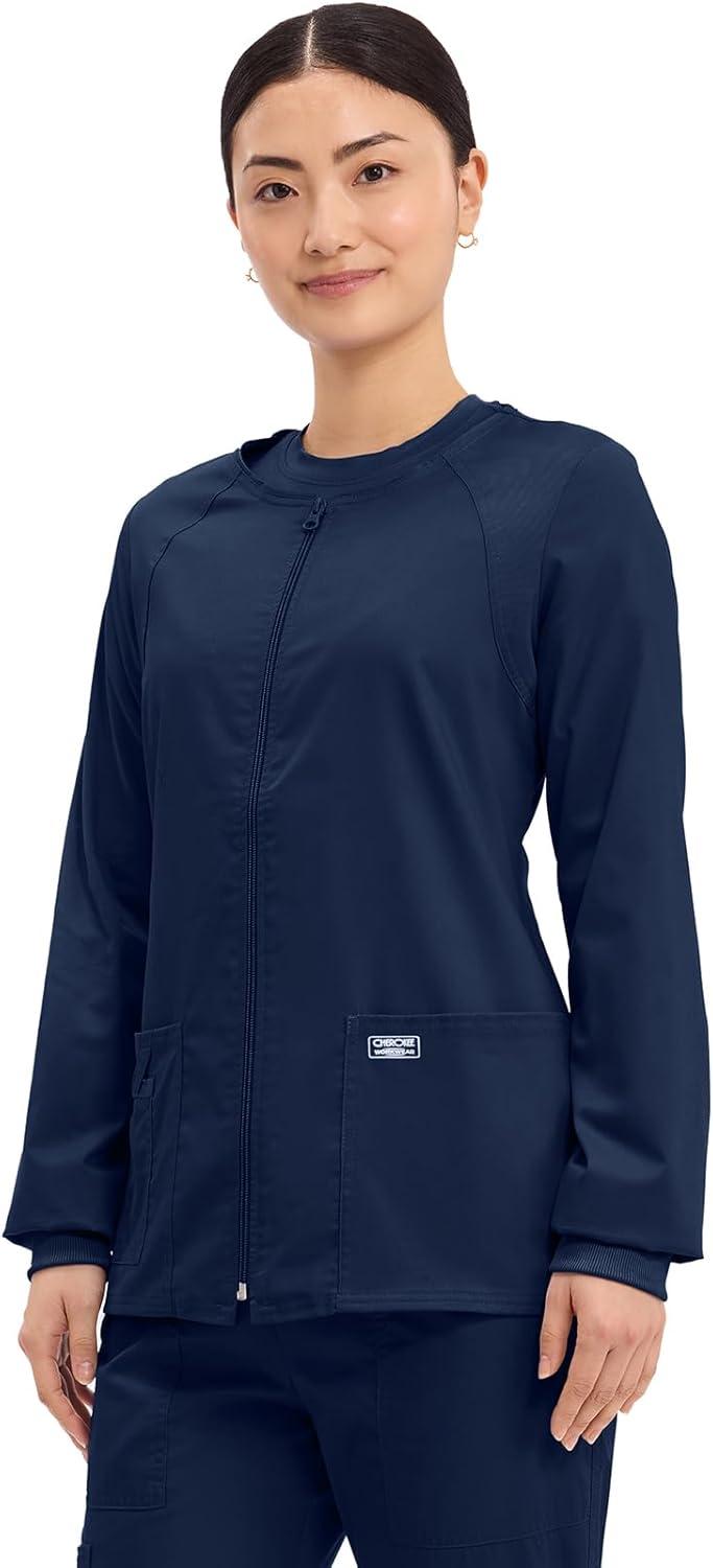 imageCherokee Zip Front Scrub Jackets for Women 3 Pockets 2Way Stretch Soft BreathableBrushed Twill 4315Navy