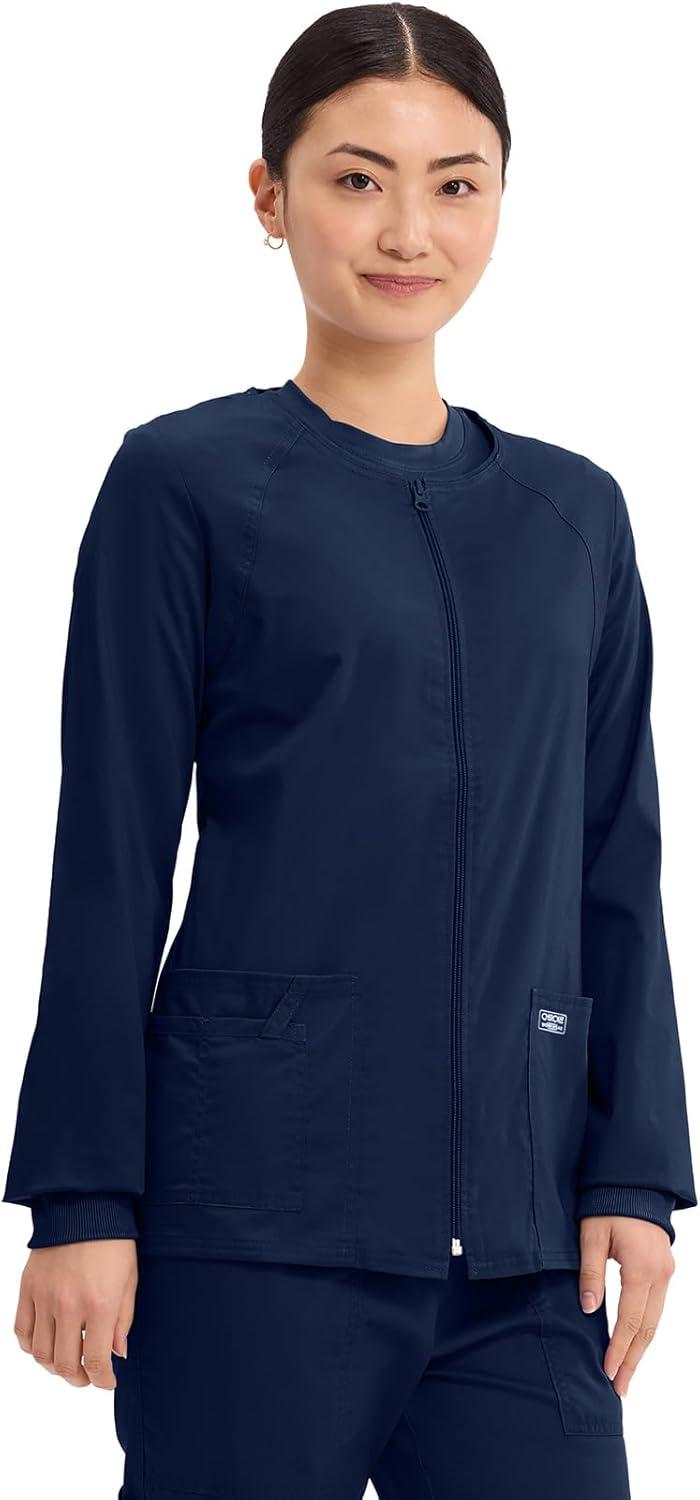 imageCherokee Zip Front Scrub Jackets for Women 3 Pockets 2Way Stretch Soft BreathableBrushed Twill 4315Navy