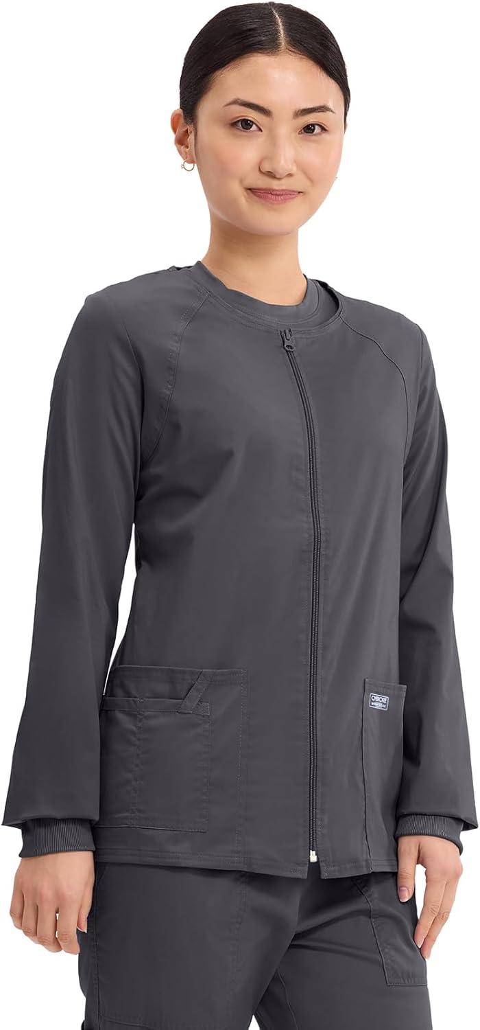 imageCherokee Zip Front Scrub Jackets for Women 3 Pockets 2Way Stretch Soft BreathableBrushed Twill 4315Pewter