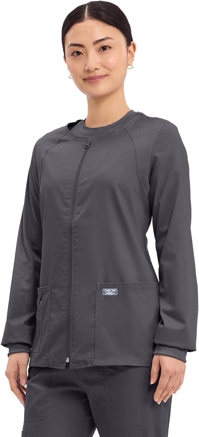 imageCherokee Zip Front Scrub Jackets for Women 3 Pockets 2Way Stretch Soft BreathableBrushed Twill 4315Pewter