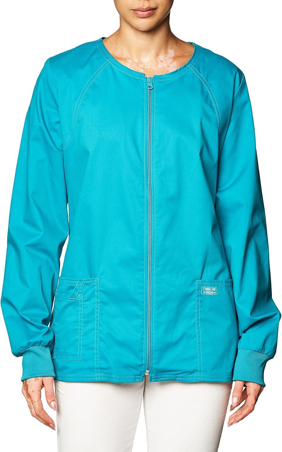 imageCherokee Zip Front Scrub Jackets for Women 3 Pockets 2Way Stretch Soft BreathableBrushed Twill 4315Teal Blue