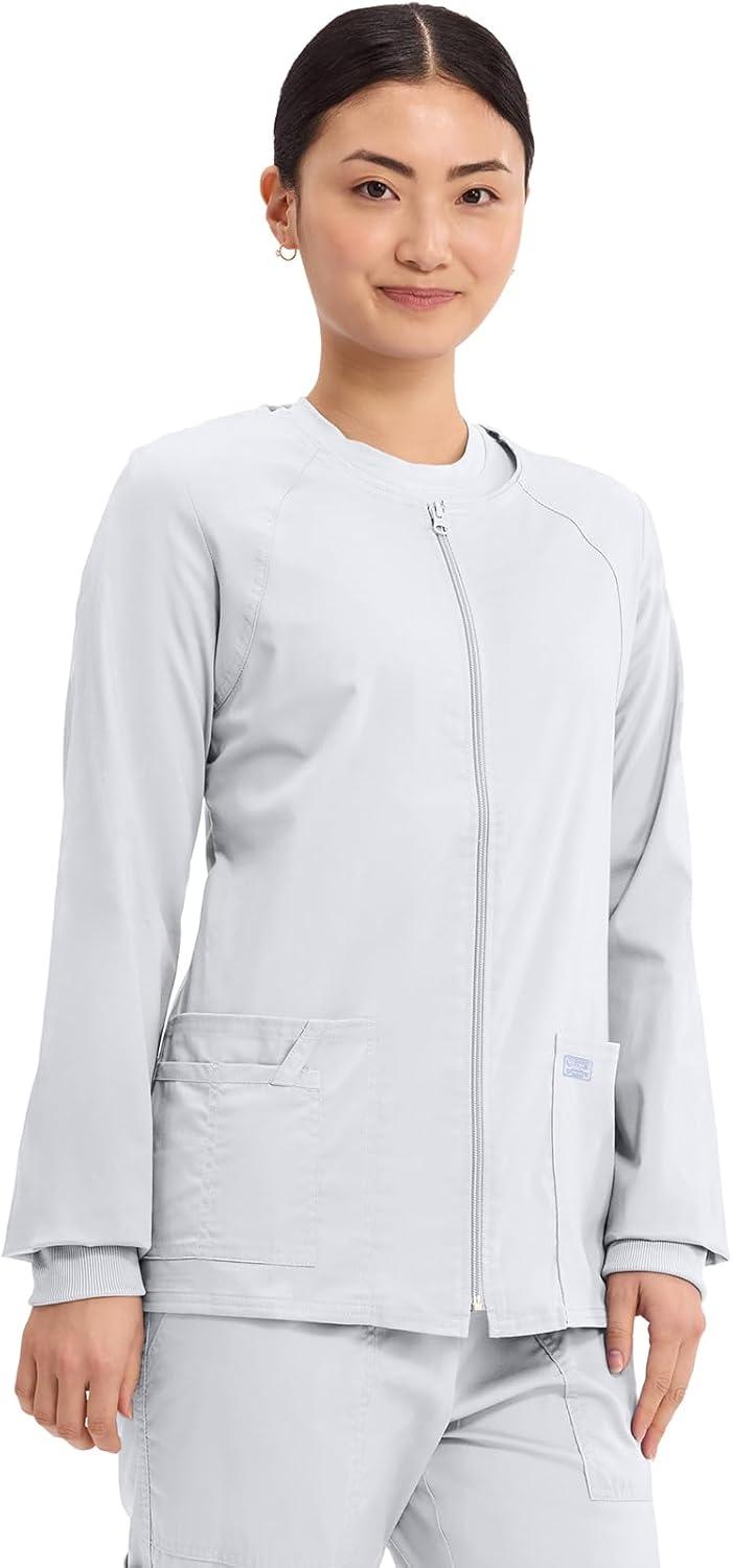 imageCherokee Zip Front Scrub Jackets for Women 3 Pockets 2Way Stretch Soft BreathableBrushed Twill 4315White