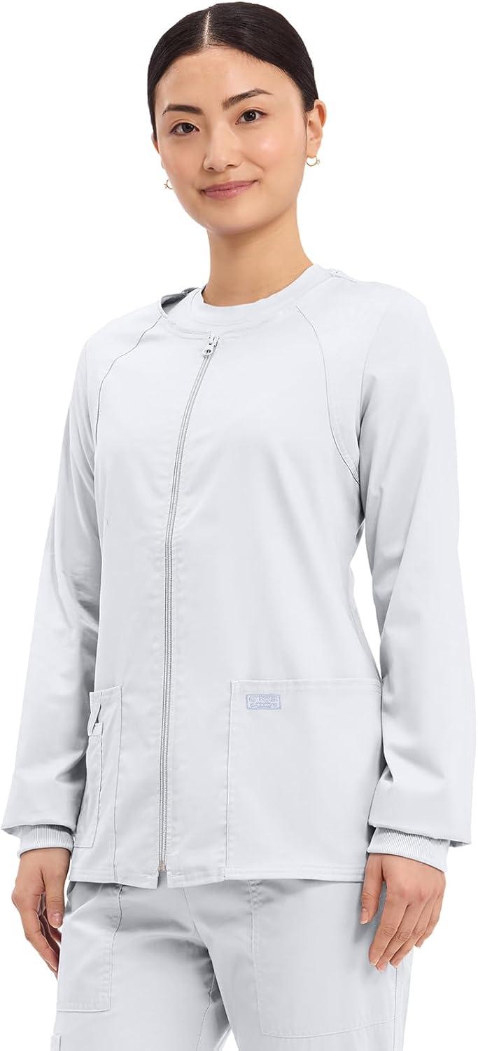 imageCherokee Zip Front Scrub Jackets for Women 3 Pockets 2Way Stretch Soft BreathableBrushed Twill 4315White