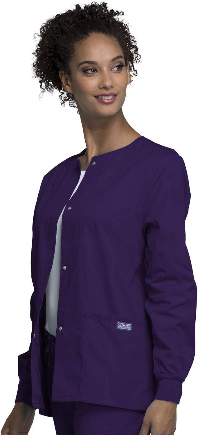 imageCherokee scrubs jacket for women Snap Front WarmUp Jacket with 3 Pockets and Easy Care 4350Eggplant