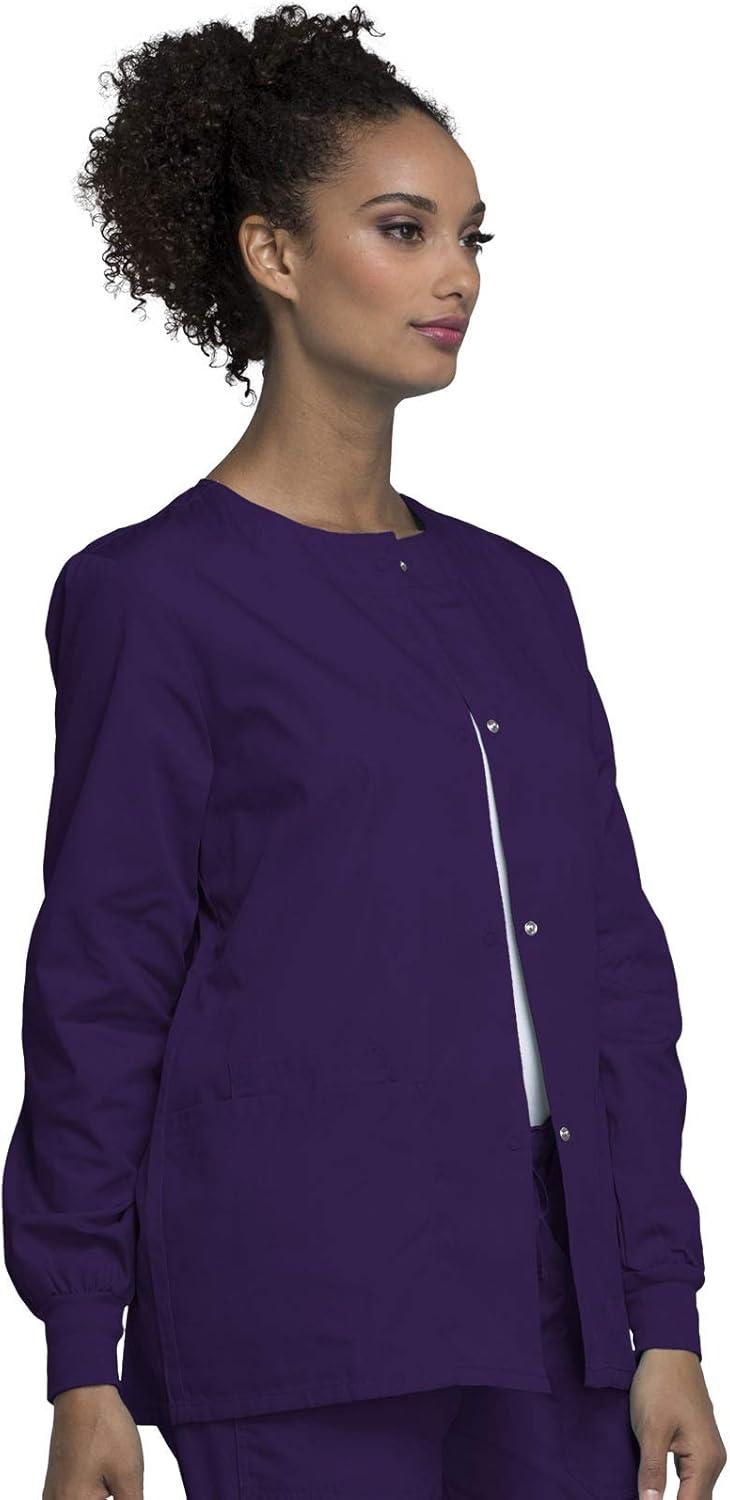 imageCherokee scrubs jacket for women Snap Front WarmUp Jacket with 3 Pockets and Easy Care 4350Eggplant
