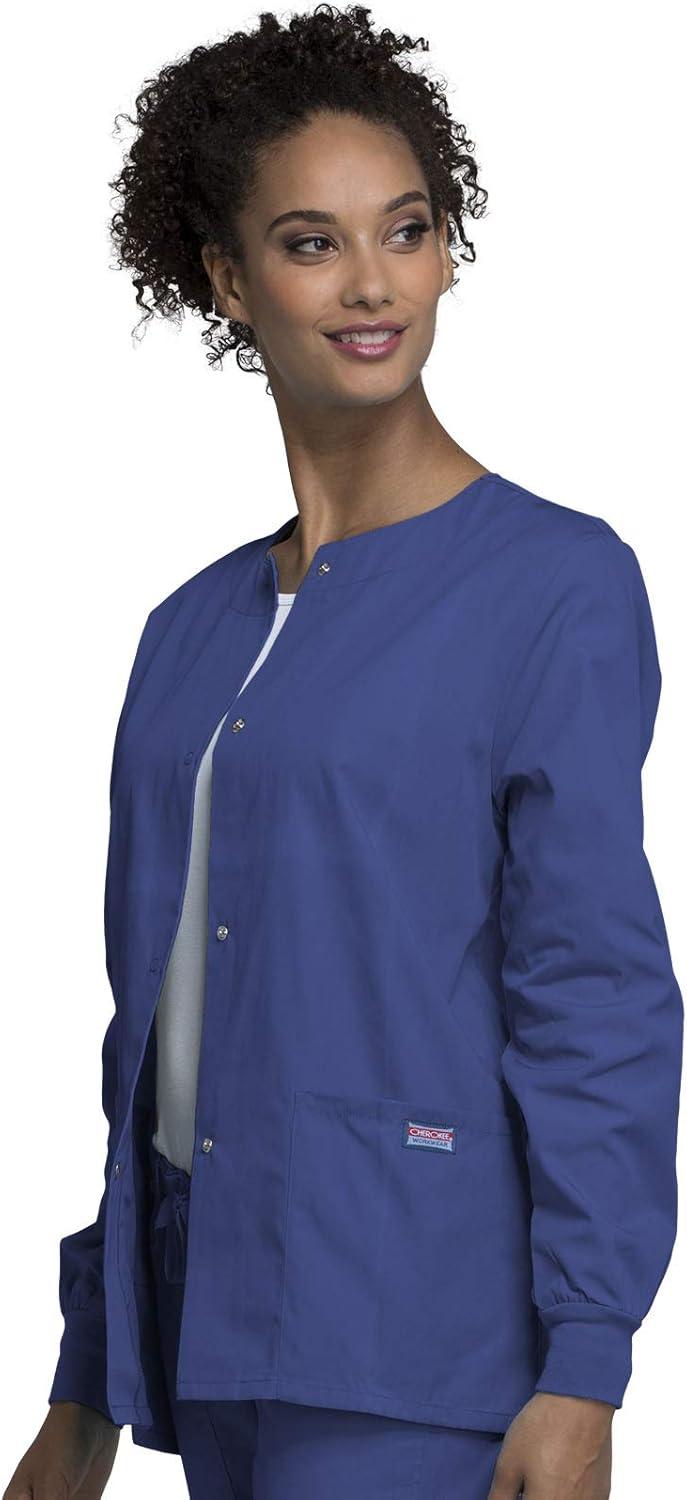 imageCherokee scrubs jacket for women Snap Front WarmUp Jacket with 3 Pockets and Easy Care 4350Galaxy Blue