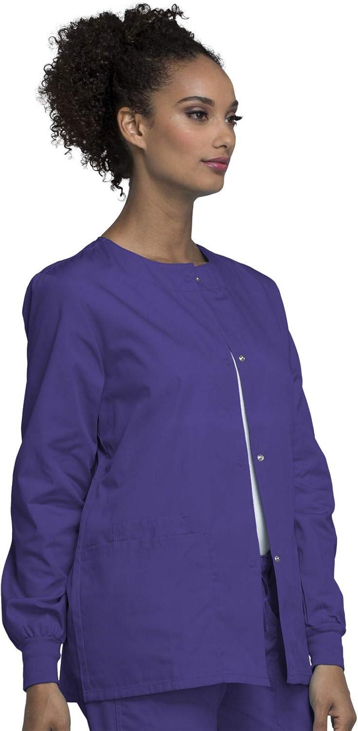 imageCherokee scrubs jacket for women Snap Front WarmUp Jacket with 3 Pockets and Easy Care 4350Grape