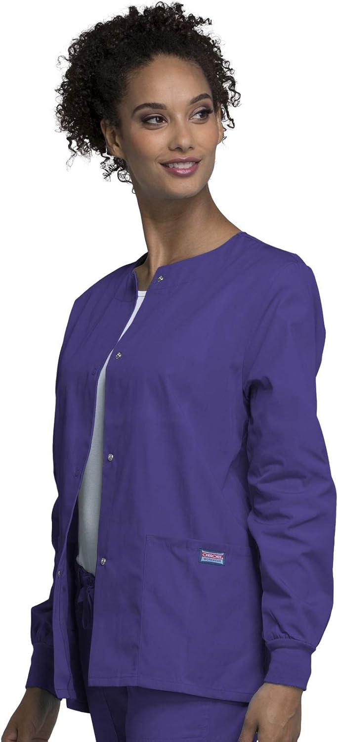 imageCherokee scrubs jacket for women Snap Front WarmUp Jacket with 3 Pockets and Easy Care 4350Grape