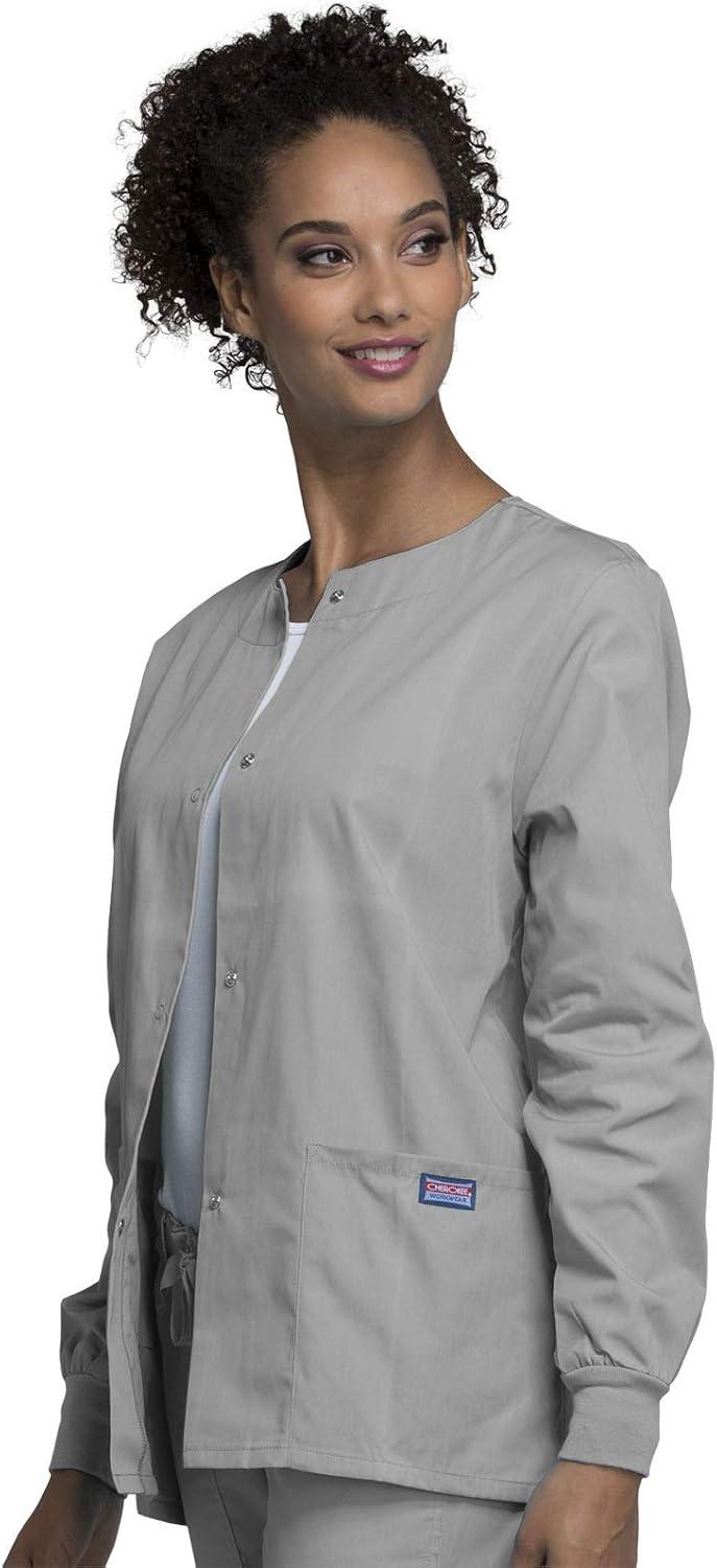 imageCherokee scrubs jacket for women Snap Front WarmUp Jacket with 3 Pockets and Easy Care 4350Gray