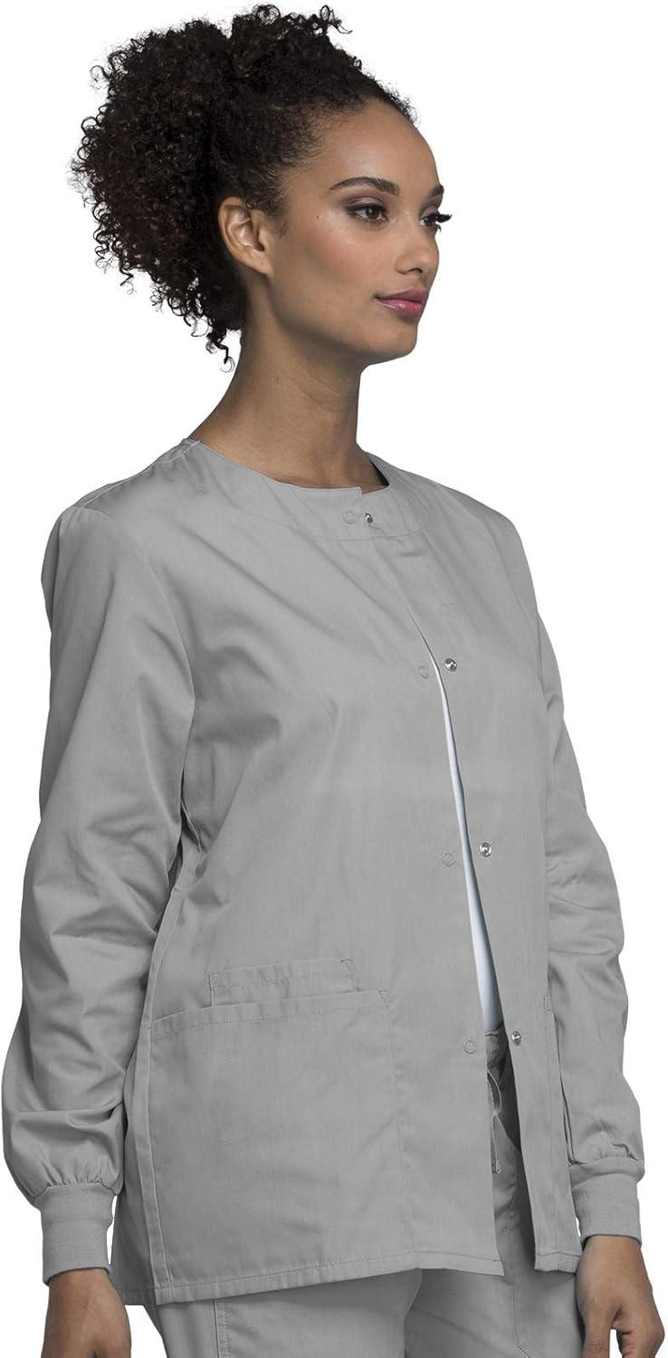 imageCherokee scrubs jacket for women Snap Front WarmUp Jacket with 3 Pockets and Easy Care 4350Gray