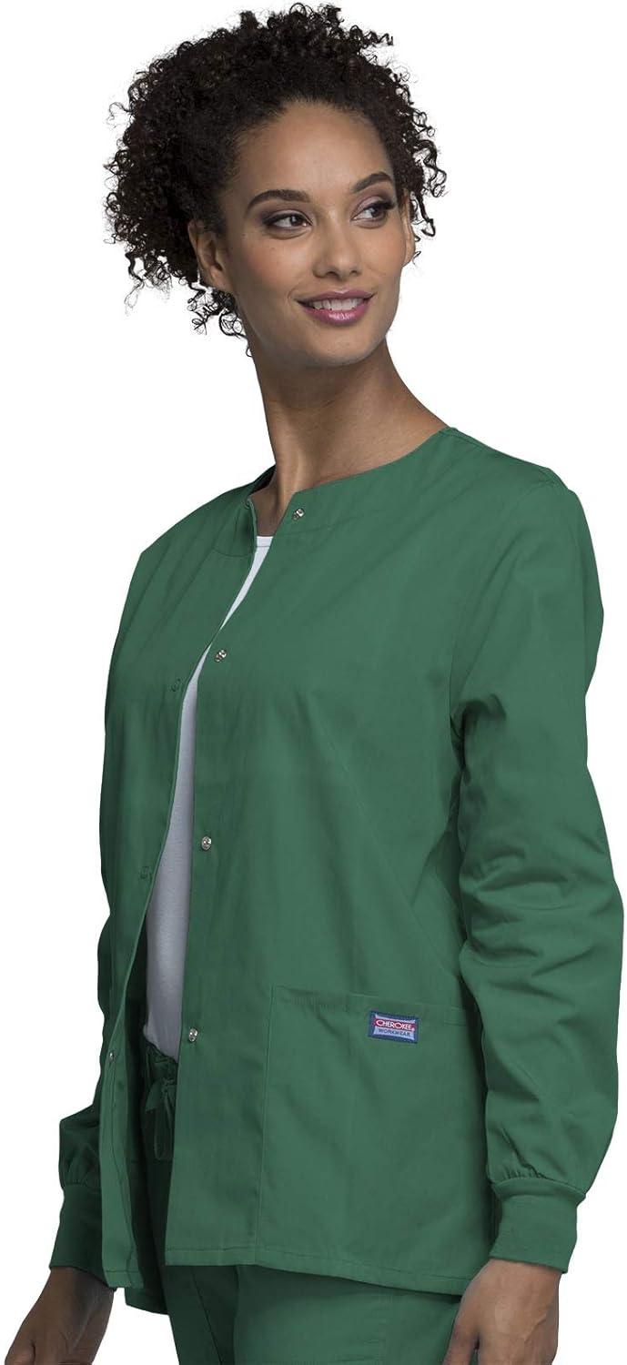 imageCherokee scrubs jacket for women Snap Front WarmUp Jacket with 3 Pockets and Easy Care 4350Hunter