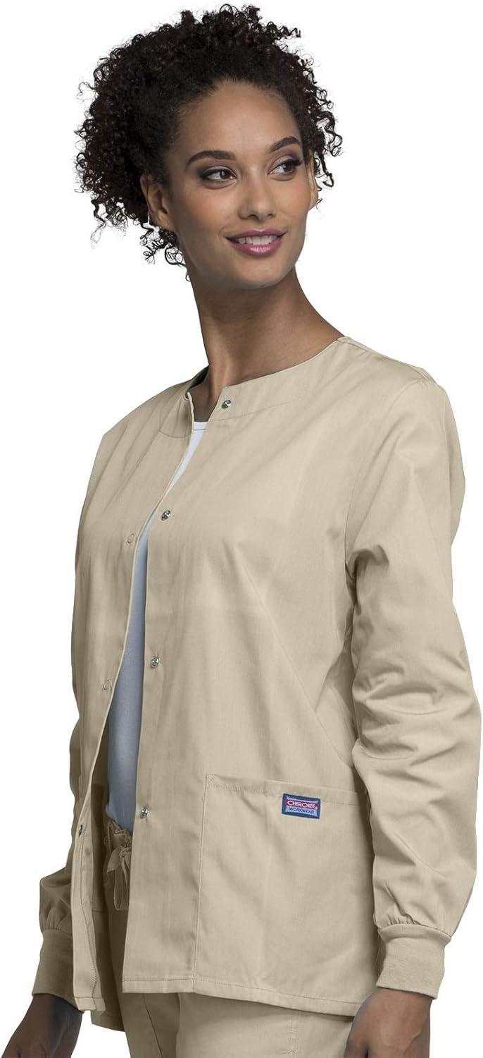 imageCherokee scrubs jacket for women Snap Front WarmUp Jacket with 3 Pockets and Easy Care 4350Khaki