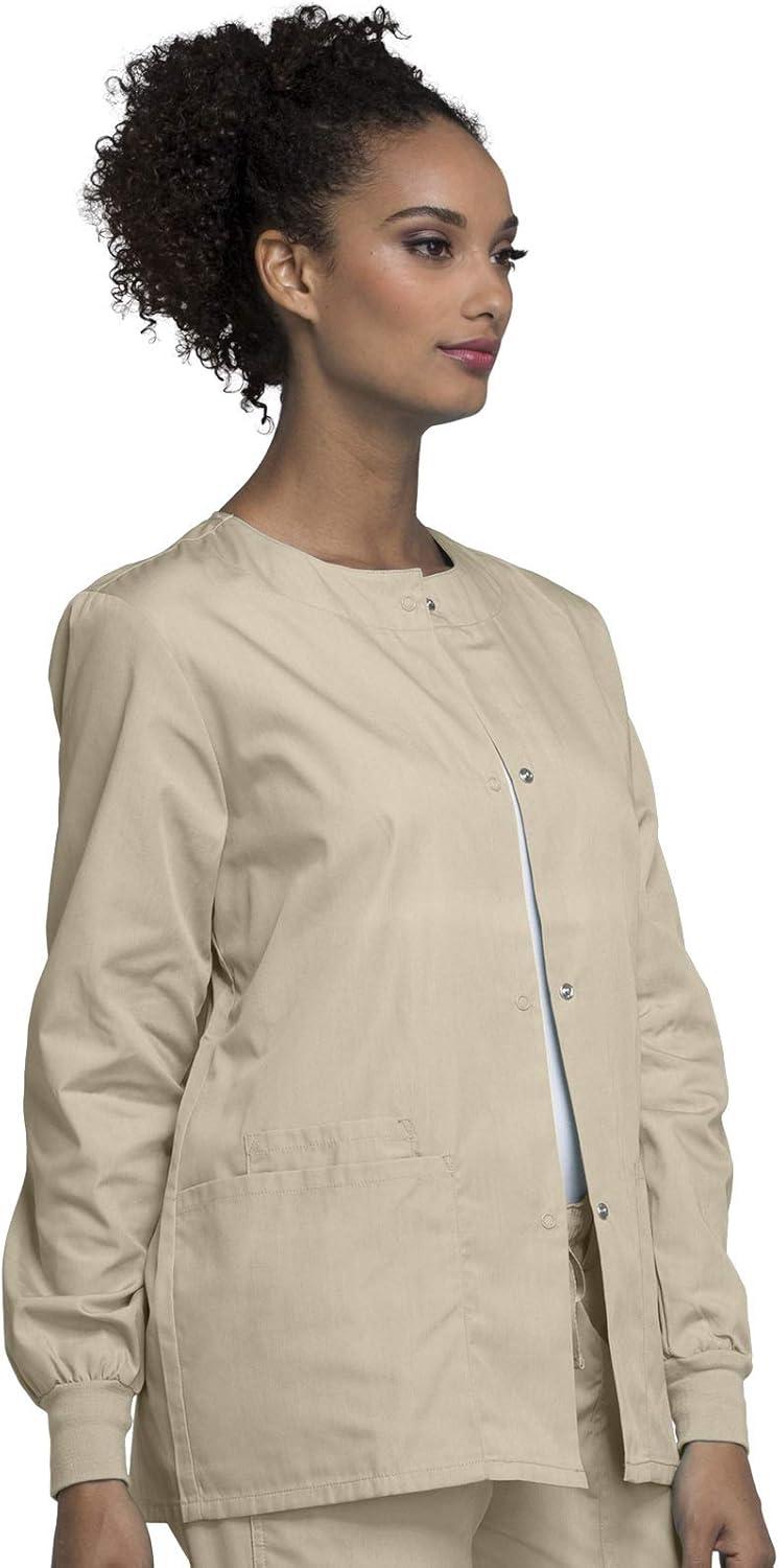imageCherokee scrubs jacket for women Snap Front WarmUp Jacket with 3 Pockets and Easy Care 4350Khaki
