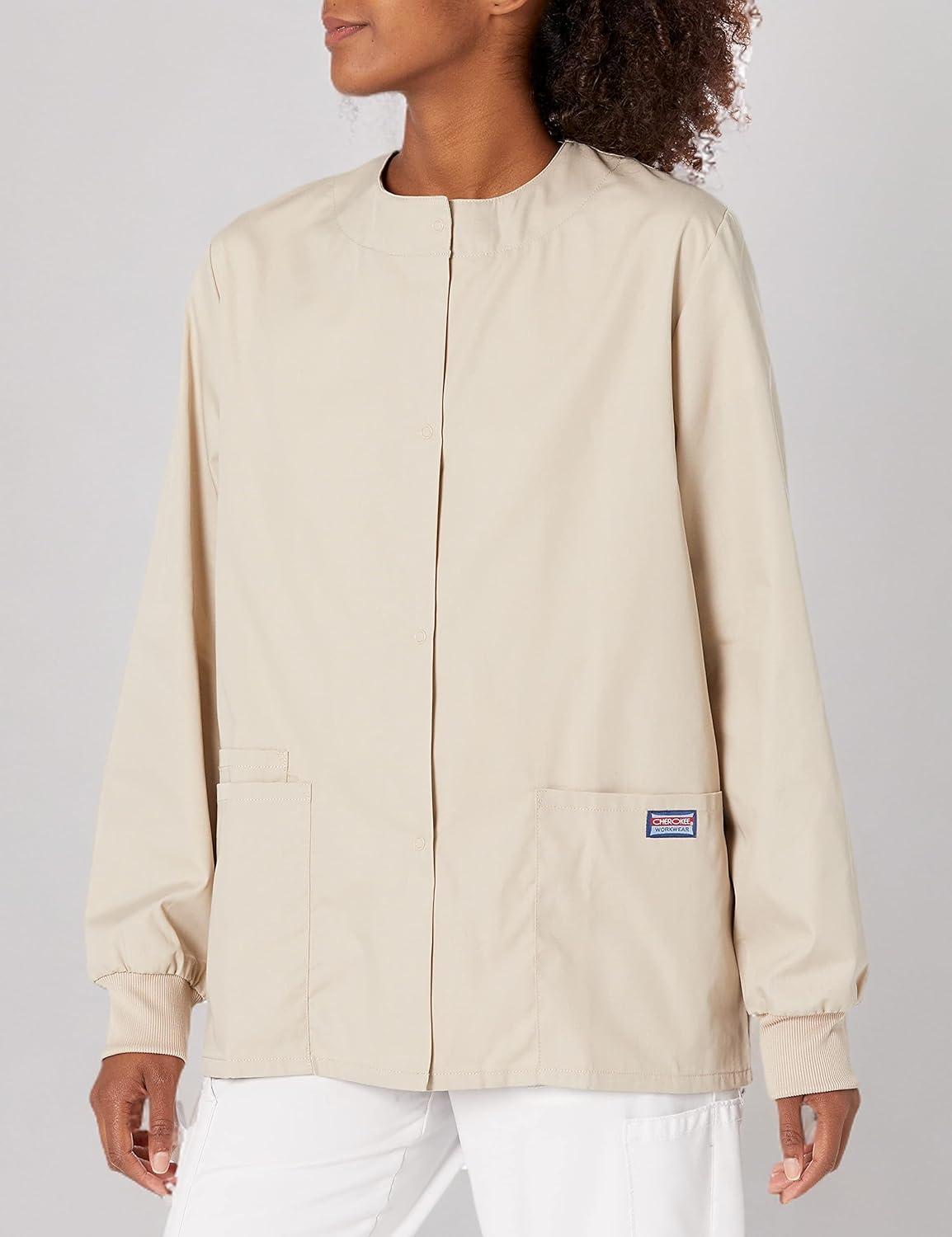 imageCherokee scrubs jacket for women Snap Front WarmUp Jacket with 3 Pockets and Easy Care 4350Khaki
