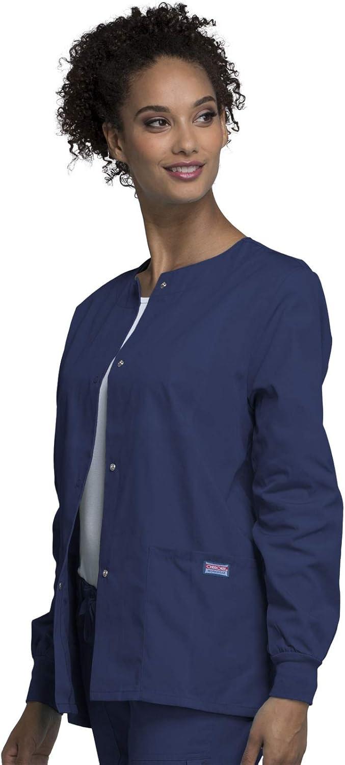 imageCherokee scrubs jacket for women Snap Front WarmUp Jacket with 3 Pockets and Easy Care 4350Navy