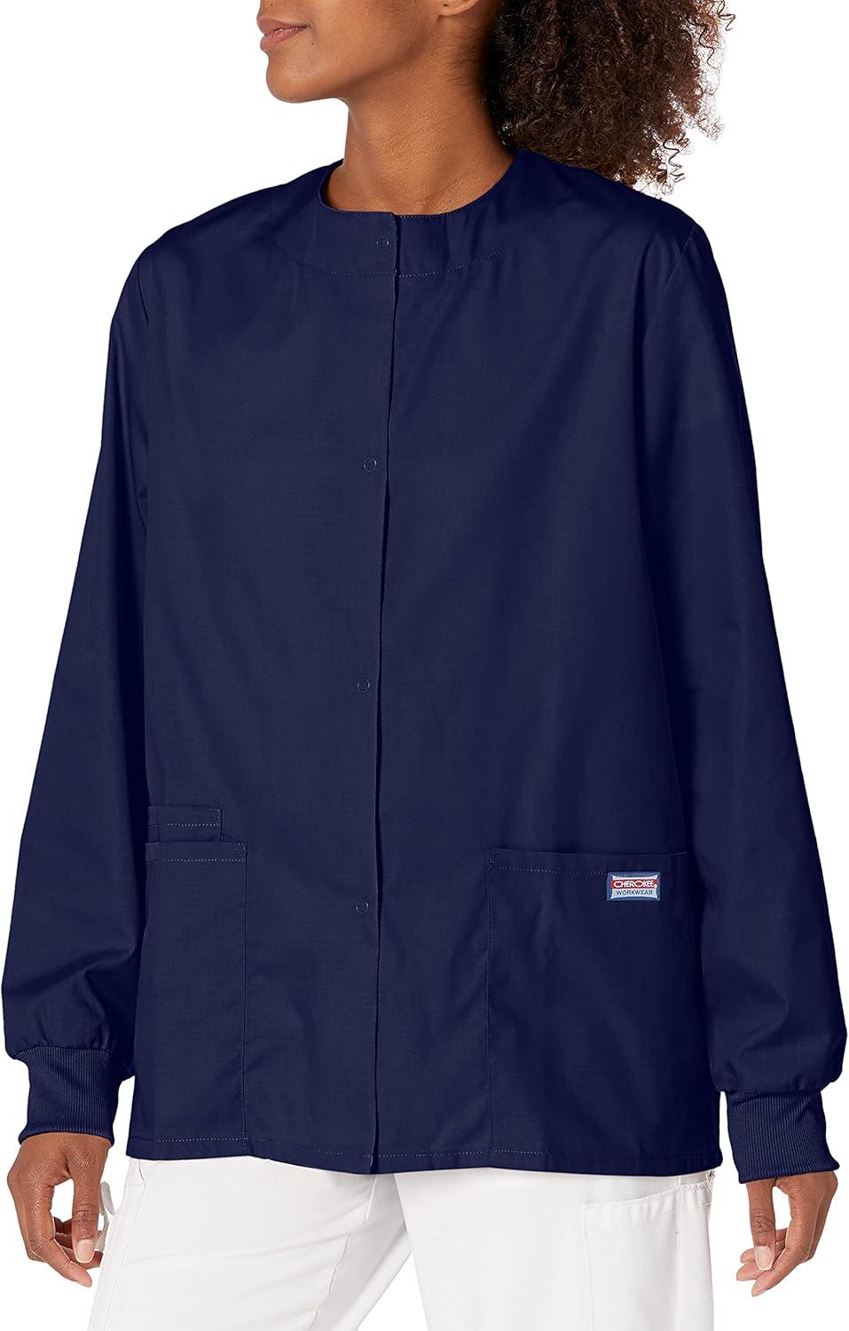 imageCherokee scrubs jacket for women Snap Front WarmUp Jacket with 3 Pockets and Easy Care 4350Navy