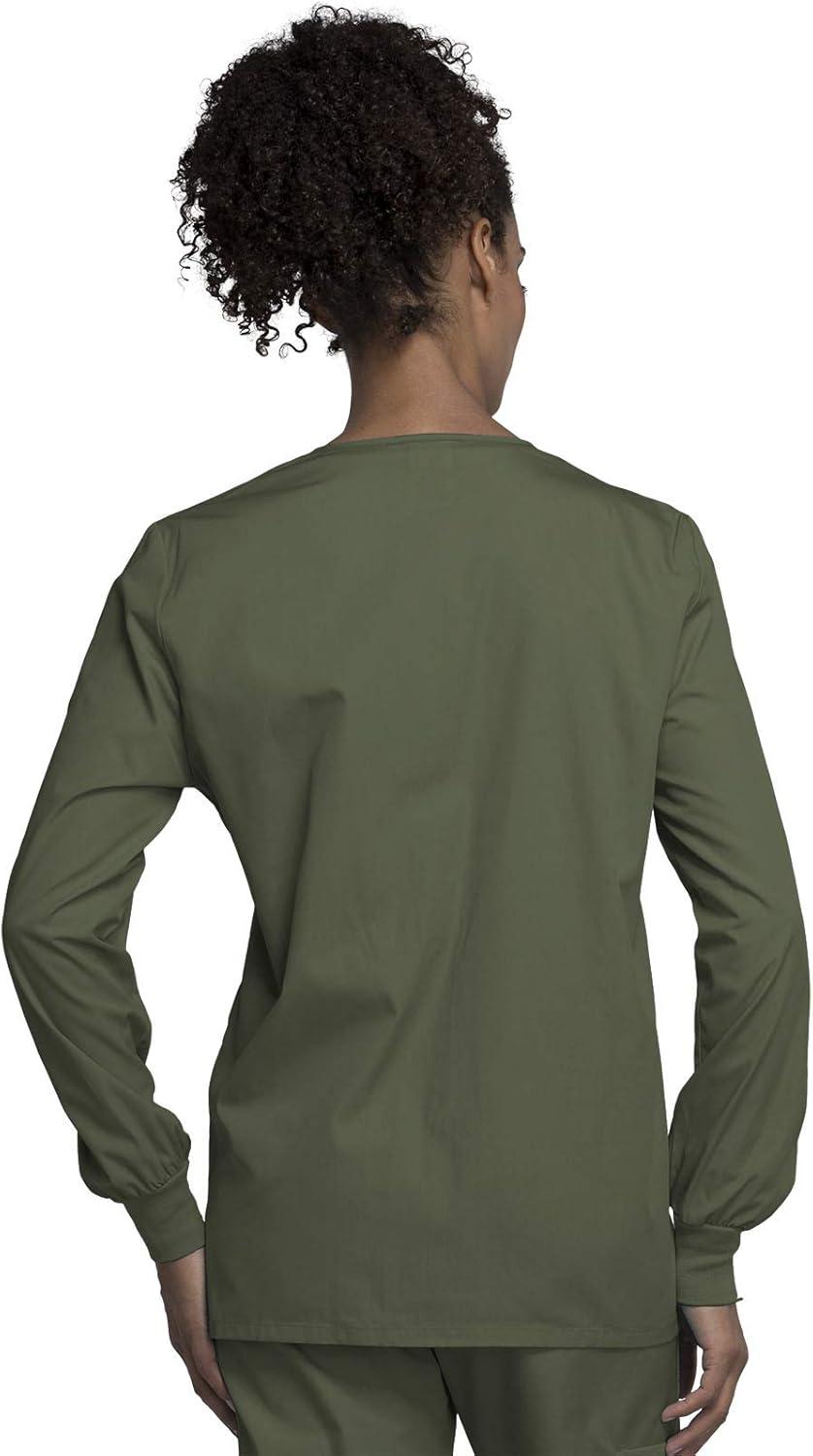 imageCherokee scrubs jacket for women Snap Front WarmUp Jacket with 3 Pockets and Easy Care 4350Olive