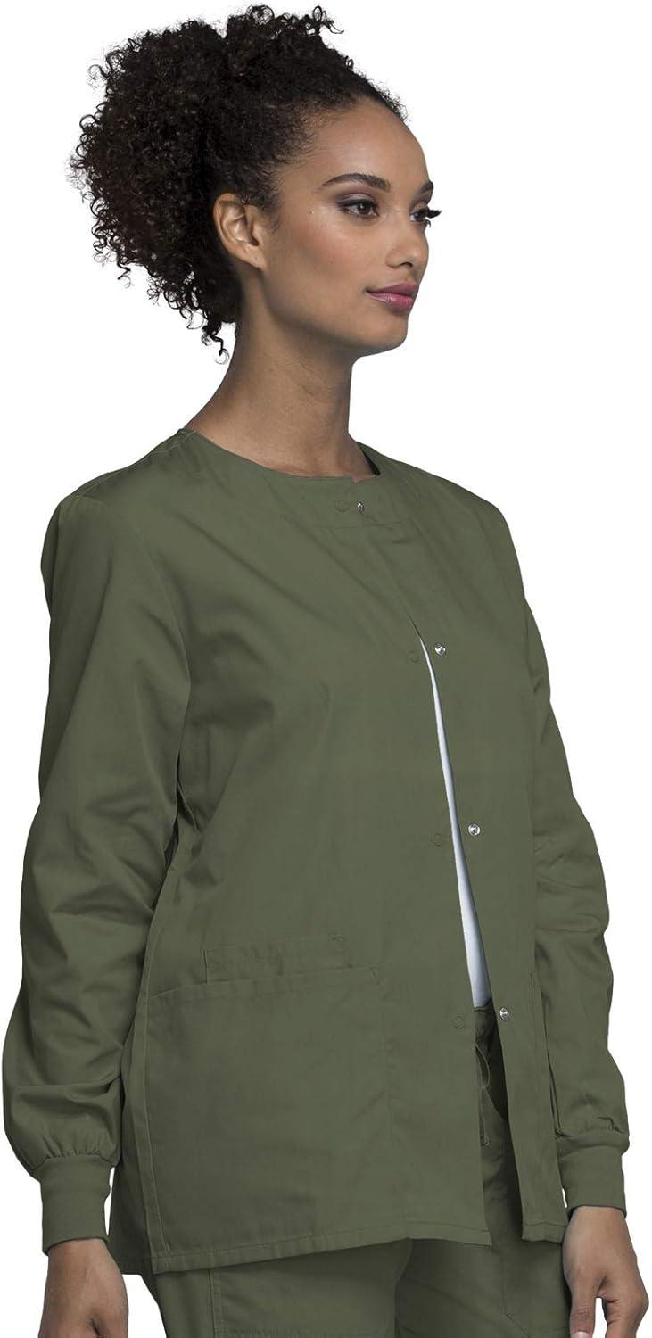 imageCherokee scrubs jacket for women Snap Front WarmUp Jacket with 3 Pockets and Easy Care 4350Olive