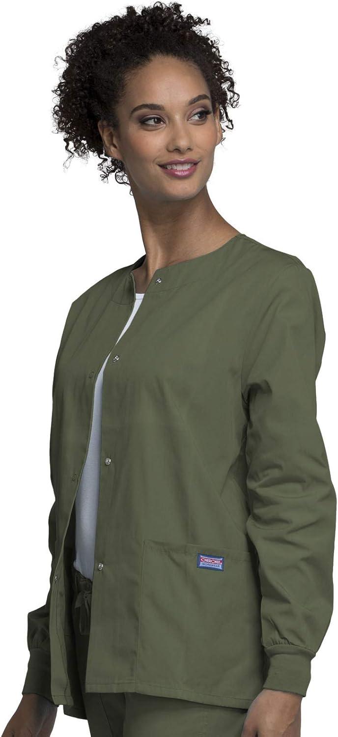 imageCherokee scrubs jacket for women Snap Front WarmUp Jacket with 3 Pockets and Easy Care 4350Olive