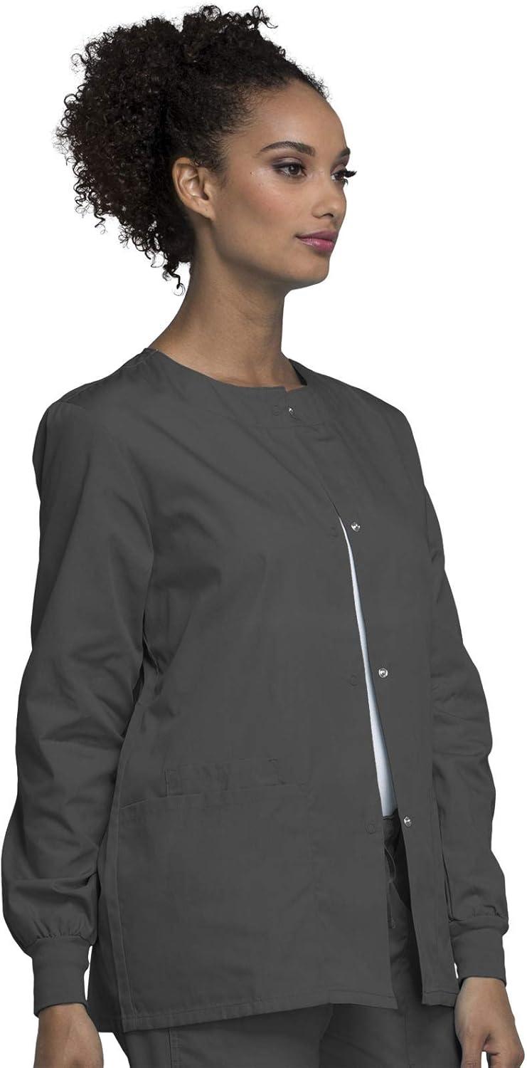 imageCherokee scrubs jacket for women Snap Front WarmUp Jacket with 3 Pockets and Easy Care 4350Pewter