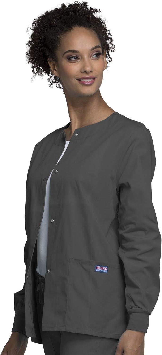 imageCherokee scrubs jacket for women Snap Front WarmUp Jacket with 3 Pockets and Easy Care 4350Pewter