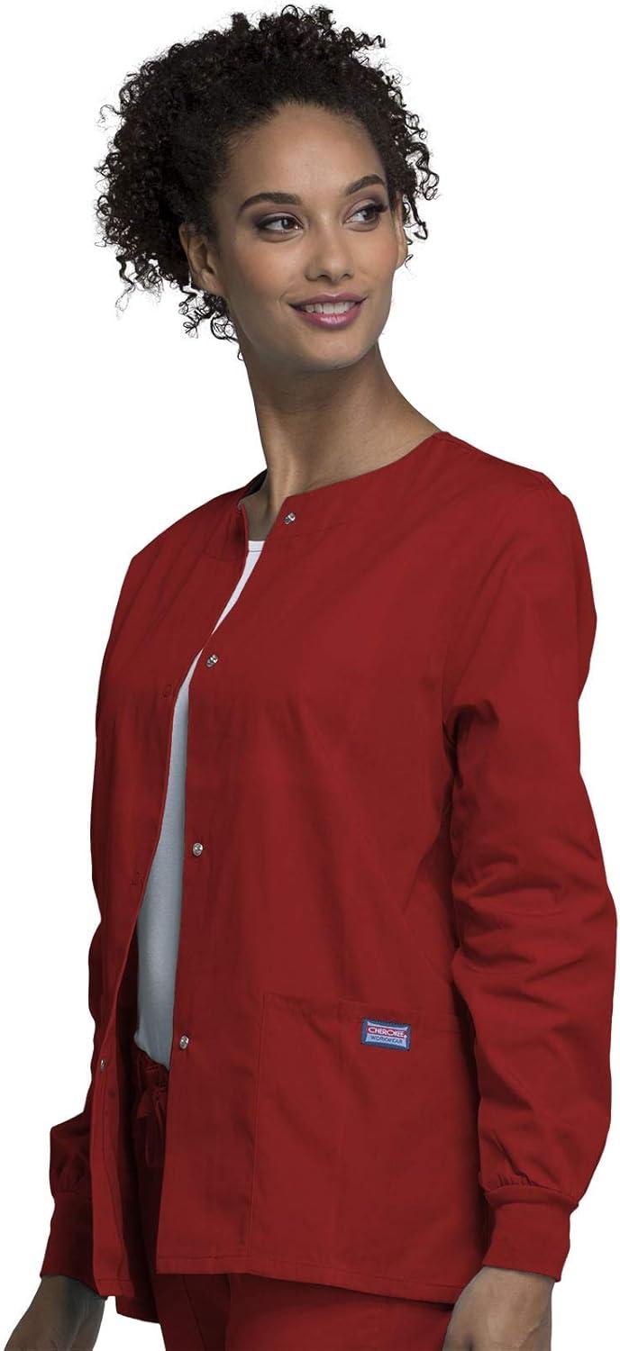 imageCherokee scrubs jacket for women Snap Front WarmUp Jacket with 3 Pockets and Easy Care 4350Red