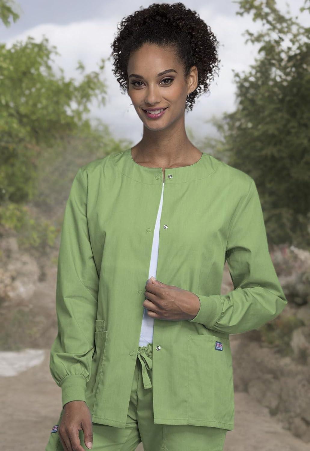 imageCherokee scrubs jacket for women Snap Front WarmUp Jacket with 3 Pockets and Easy Care 4350Sage Green
