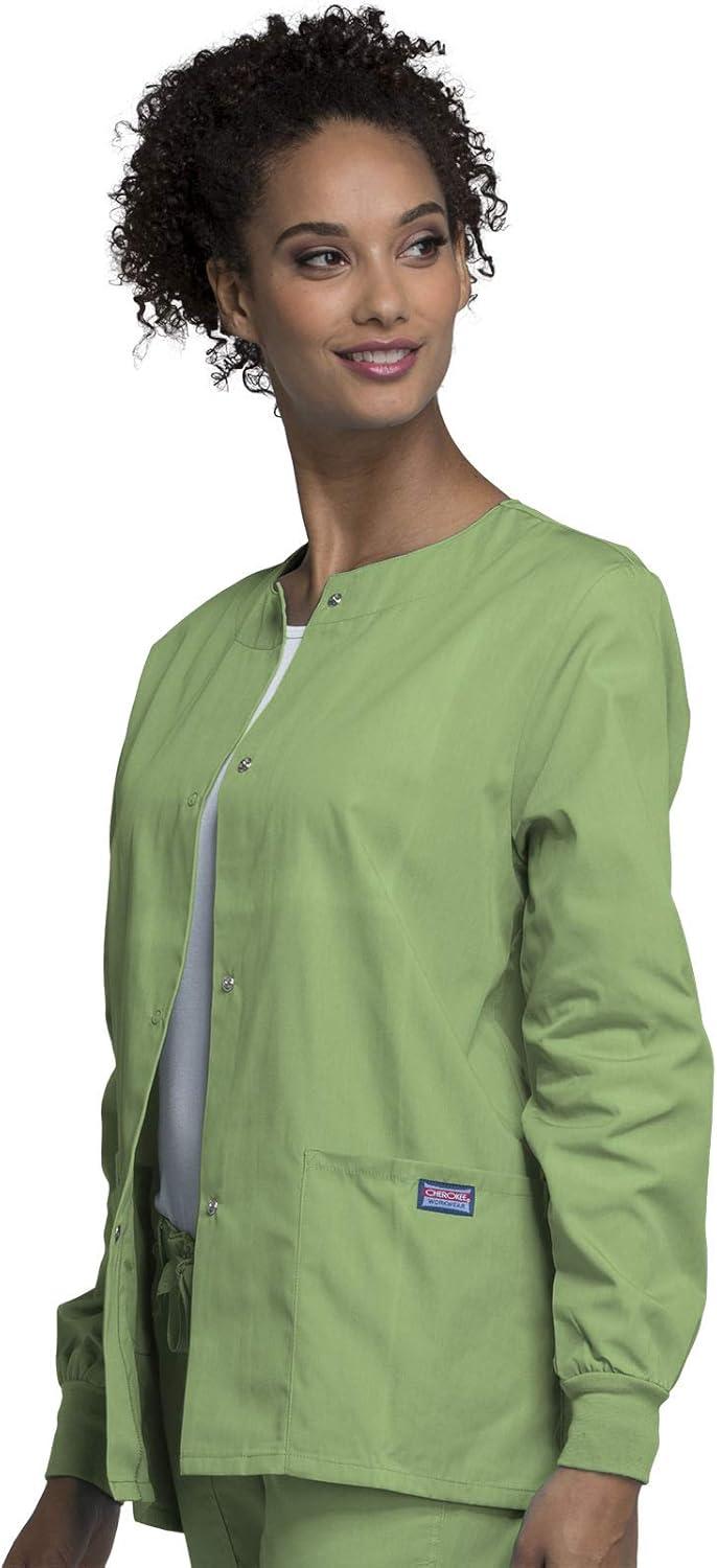 imageCherokee scrubs jacket for women Snap Front WarmUp Jacket with 3 Pockets and Easy Care 4350Sage Green