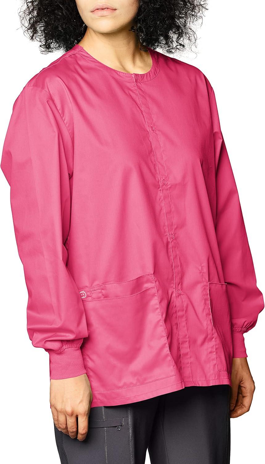 imageCherokee scrubs jacket for women Snap Front WarmUp Jacket with 3 Pockets and Easy Care 4350Shocking Pink