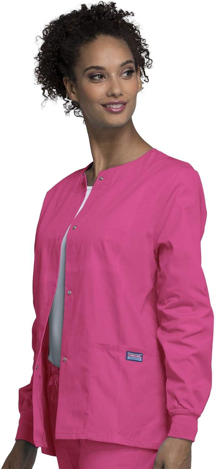 imageCherokee scrubs jacket for women Snap Front WarmUp Jacket with 3 Pockets and Easy Care 4350Shocking Pink