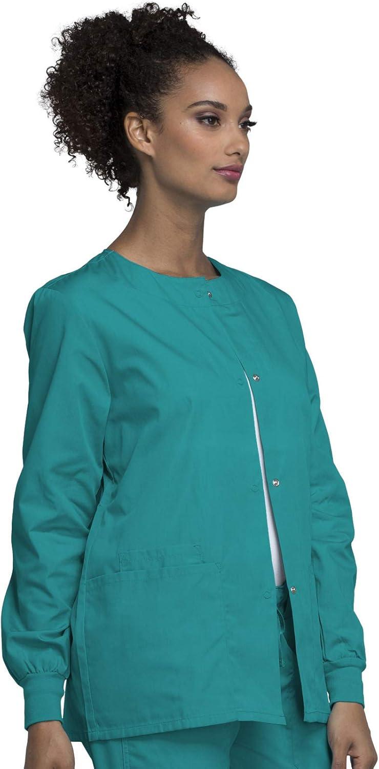 imageCherokee scrubs jacket for women Snap Front WarmUp Jacket with 3 Pockets and Easy Care 4350Teal Blue