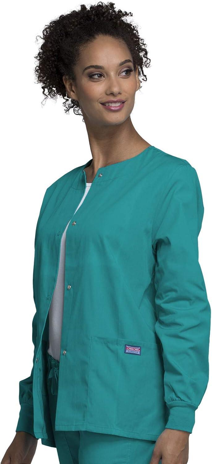 imageCherokee scrubs jacket for women Snap Front WarmUp Jacket with 3 Pockets and Easy Care 4350Teal Blue