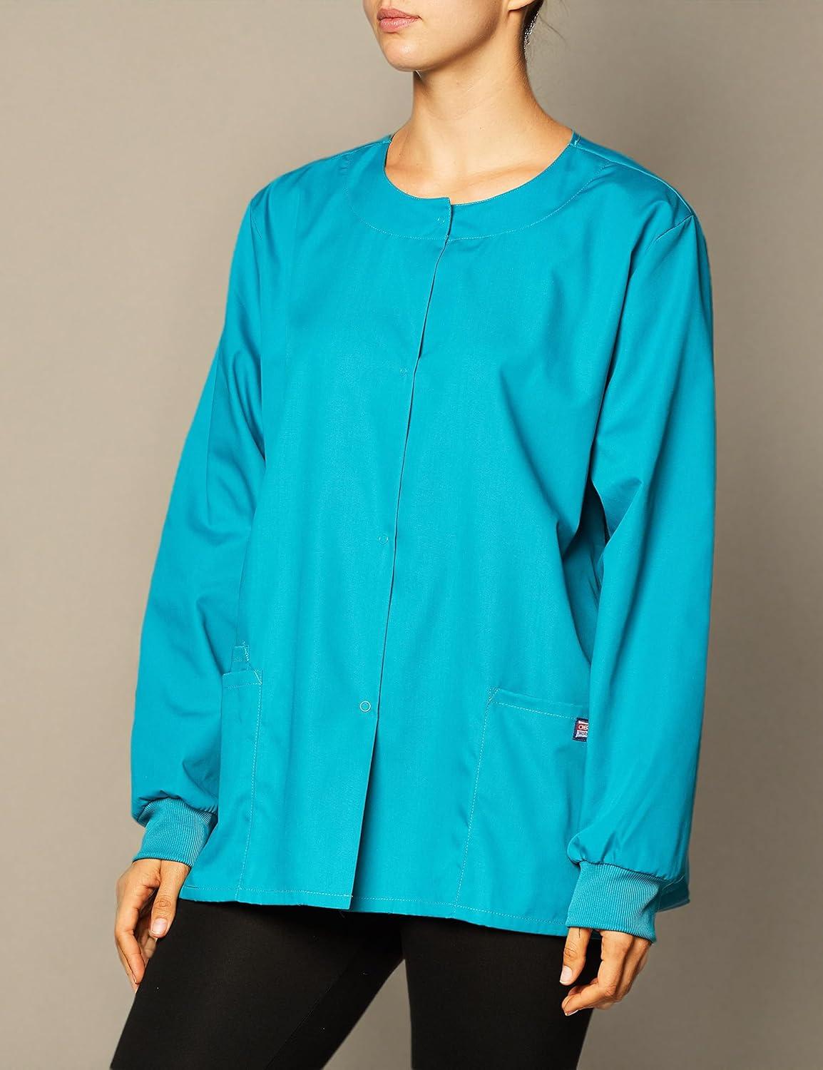 imageCherokee scrubs jacket for women Snap Front WarmUp Jacket with 3 Pockets and Easy Care 4350Teal Blue