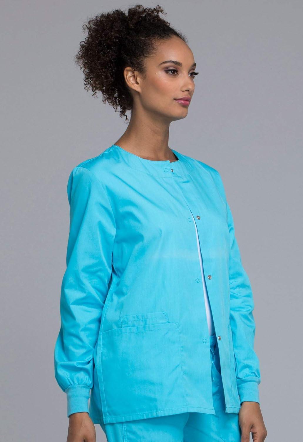 imageCherokee scrubs jacket for women Snap Front WarmUp Jacket with 3 Pockets and Easy Care 4350Turquoise