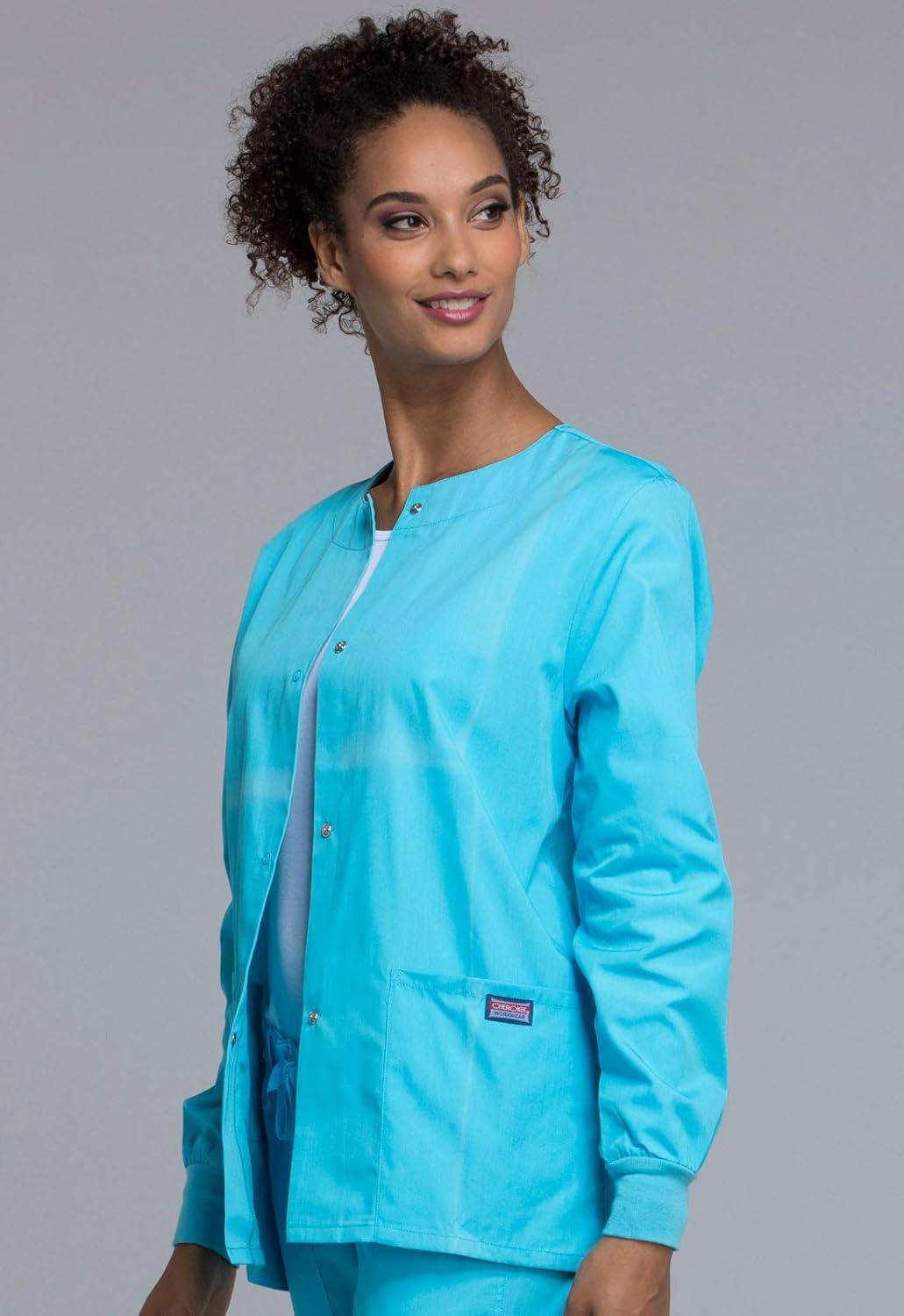 imageCherokee scrubs jacket for women Snap Front WarmUp Jacket with 3 Pockets and Easy Care 4350Turquoise