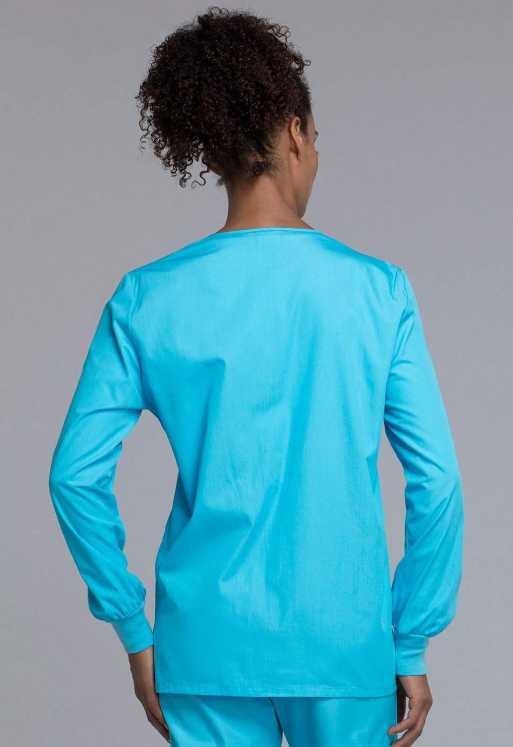 imageCherokee scrubs jacket for women Snap Front WarmUp Jacket with 3 Pockets and Easy Care 4350Turquoise