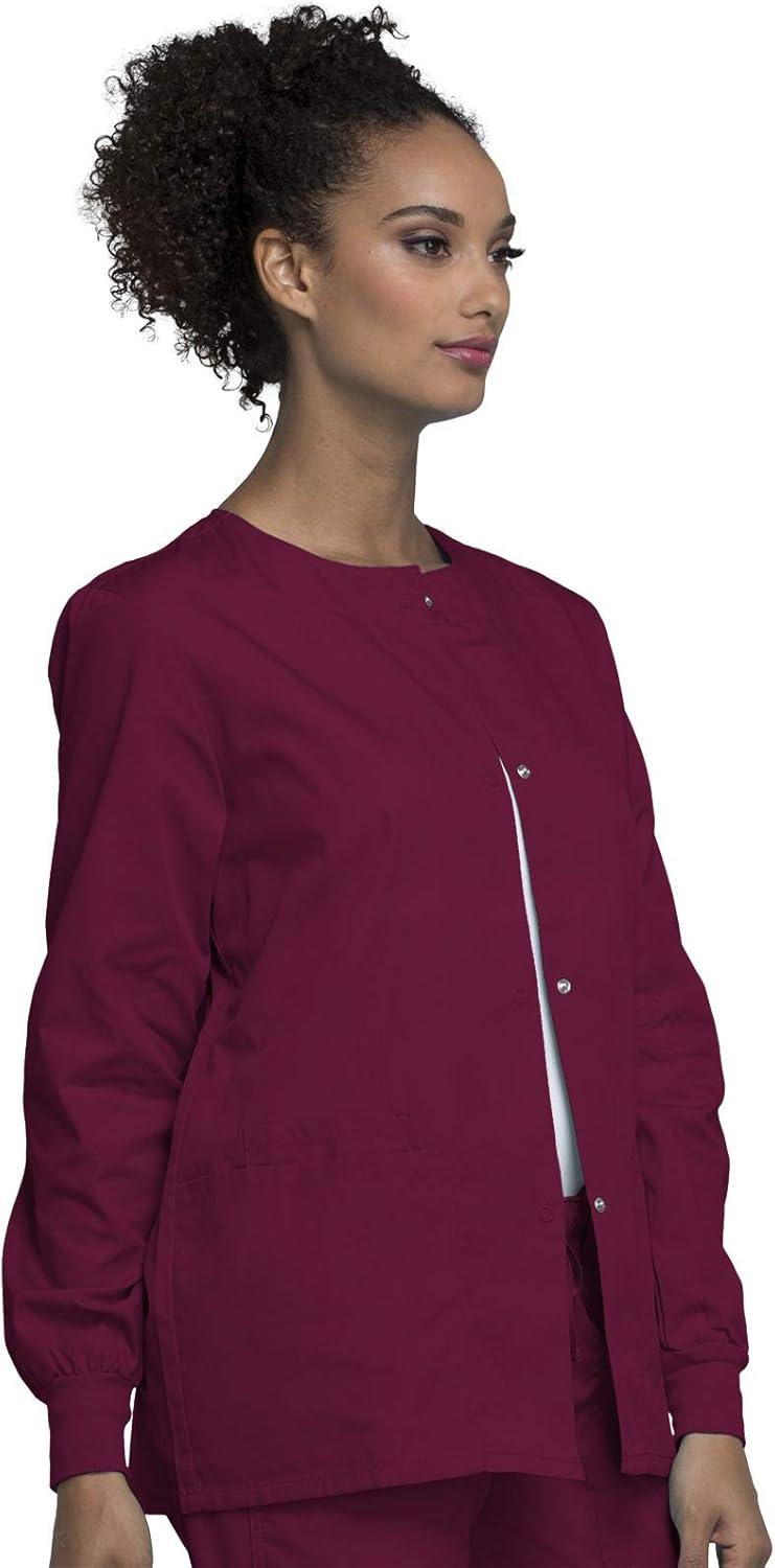 imageCherokee scrubs jacket for women Snap Front WarmUp Jacket with 3 Pockets and Easy Care 4350Wine