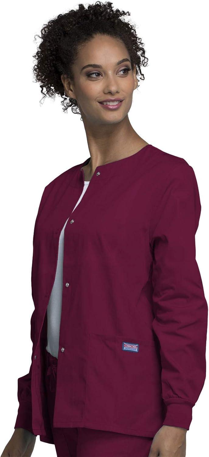 imageCherokee scrubs jacket for women Snap Front WarmUp Jacket with 3 Pockets and Easy Care 4350Wine