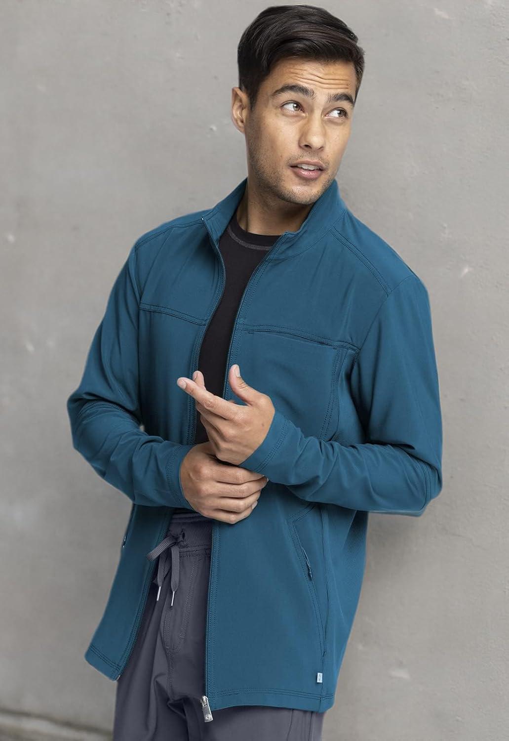 imageInfinity Mens Zip Front Jacket Modern Fit RibKnit Panels with 3 Pockets and Knit Sleeve Panel CK332ACaribbean Blue