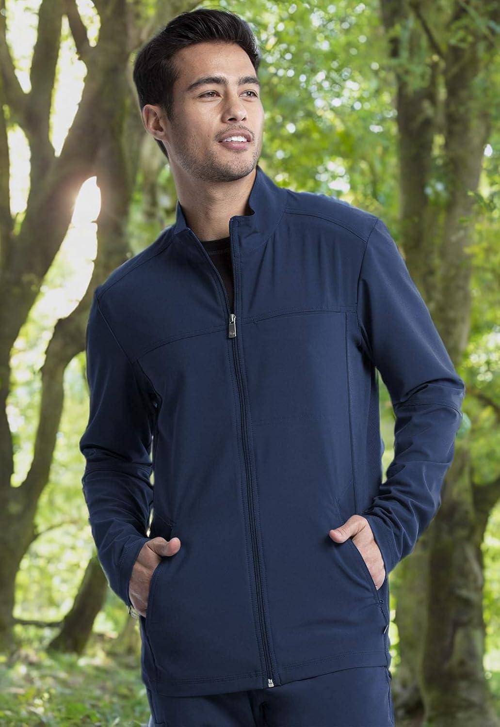 imageInfinity Mens Zip Front Jacket Modern Fit RibKnit Panels with 3 Pockets and Knit Sleeve Panel CK332ANavy