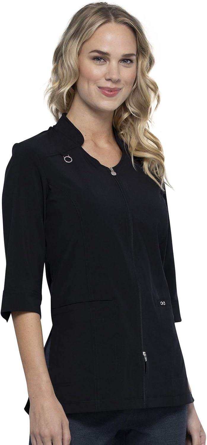 imageInfinity Womens Zip Front Tunic Scrub Top Mandarin Collar VNeck with 3 Pockets 360 Stretch amp MoistureWicking CK952ABlack